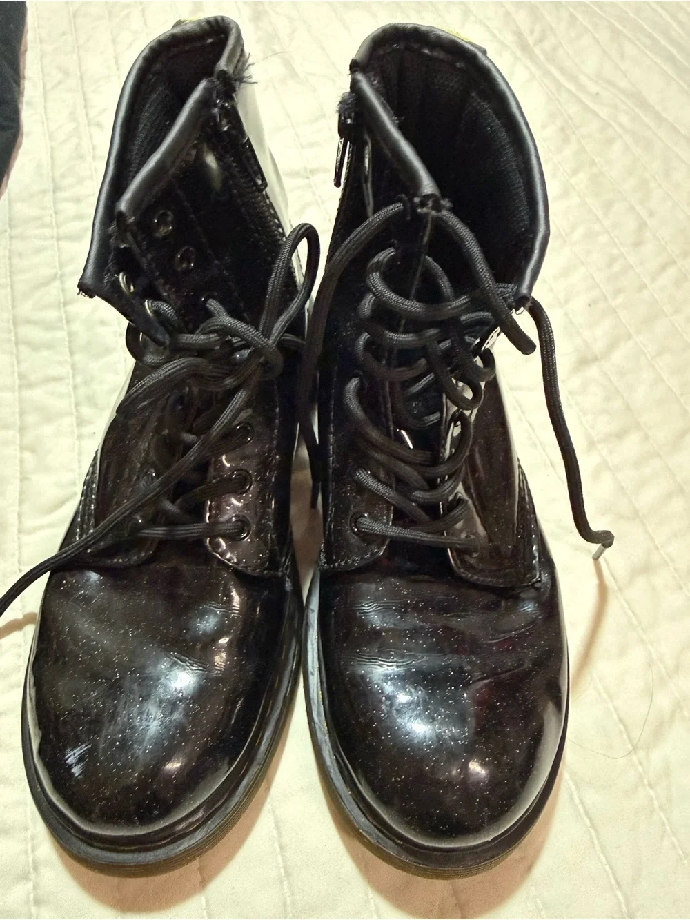 Dr. Martens 1460 Junior Glitter Black Patent Leather Boots with Yellow Stitching